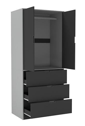 URBNLIVING 2 Door 3 Drawer Black White Oak Grey Modern Wardrobe Furniture with Clothes Hanging Rail Storage Shelf for Home Bedroom Organiser Unit H180cm x W80cm x D50cm
