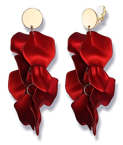 FIBO STEEL Rose Petal Dangle Clip on Earrings Acrylic Earrings Red Earrings for Women Flower White Black Hot Pink Orange Statement Earrings Boho Resin Floral