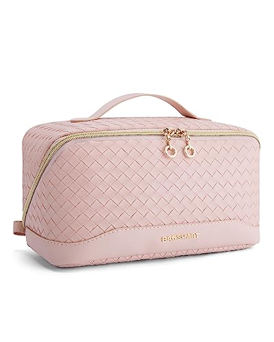 Image of BAGSMART Makeup Bag, Travel Cosmetic Bag Organizer, PU Leather Water-Resistant Pouch, Open Flat Makeup Storage for Toiletries, Brushes, PU Leather Pink
