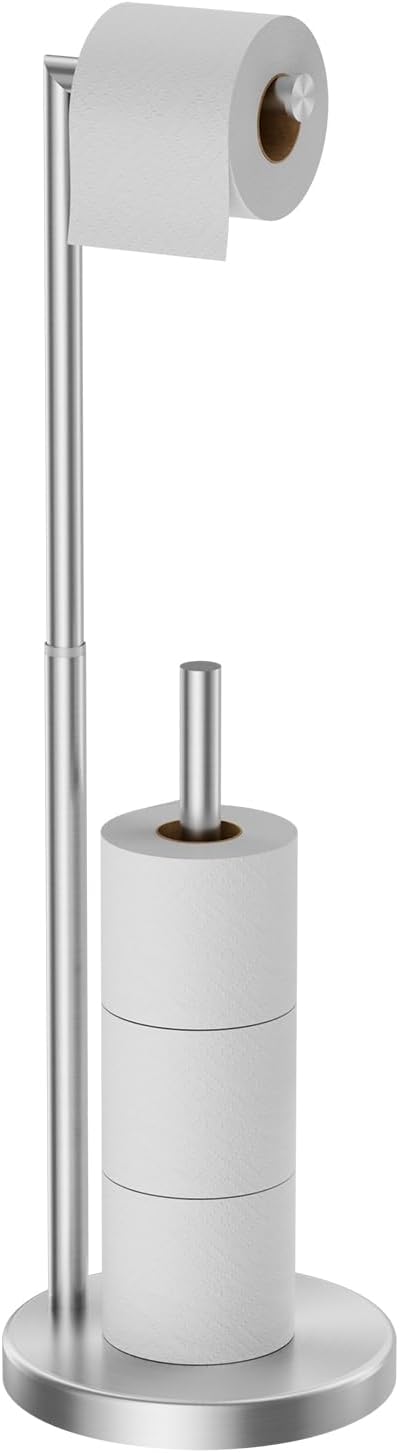 QFN Toilet Paper Holder Stand, Free Standing Toilet Paper Holder Storage, SUS 304 Stainless Steel and Weighted Base, Adjustable 16-26" H, Brushed Nickel