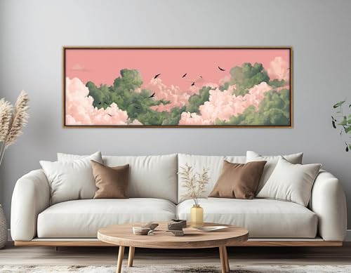 Affiche oiseaux nuage duveteux ciel rose peinture toile 65x195cm