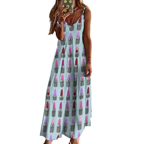 Women's Summer Dresses Casual V-Neck Cosmetics Pattern with Lipstick Kisses