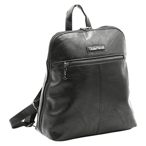 Giulia Pieralli Damen Rucksack Schwarz Kunstleder mit verstärkten Trageriemen - Eleganter City Backpack mit Mehreren Fächern für Beruf Uni Alltag