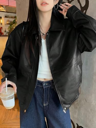 Chic & Comfy: Women's Black PU Leather Jacket - Loose Fit for Effortless Style (Large) - Image 3