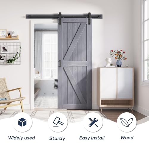 Image of FREDBECK 28in x 80in Grey Barn Door, Solid Wood,Double Surface,K-Frame,Gray