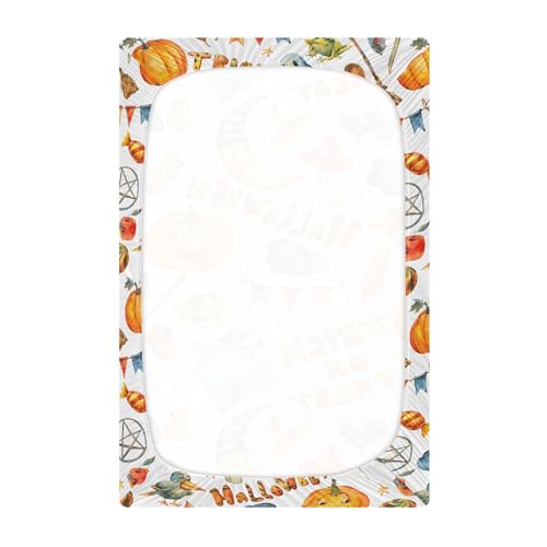 Image of Watercolor Halloween Party Crib Sheets Soft Breathable Fitted Baby Crib Sheets Mattress Cover for Girl Boys, 52 inch x 28 inch x 9 inch