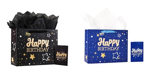 Image of 13 inch Black + Blue Happy Birthday Gift Bag with Tissue Paper and Greeting Card for Party,Happy Birthday Gift Bag for Men Women, Gift Bags Medium size(2 PCS Black & Blue)