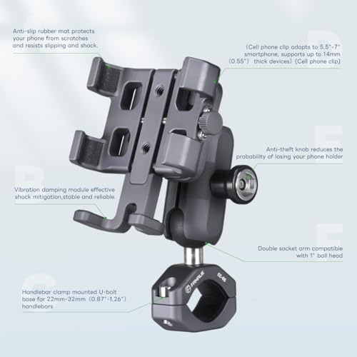 Image of FANAUE Aluminum Anti-theft Bike Motorcycle Phone Mount with Vibration Dampener for bicycle /ATV /UTV /Scooter Handlebar, Compatible with RAM mounts B size phone holder Accessories for 5.5-7'' Smartphone.