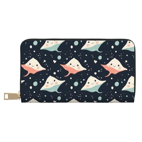 Cute Stingray Print Wallet Women Men, Long PU Leather Wallets for Women, Cute Womens Travel Wallet Purse Pouch with Zipper Pocket