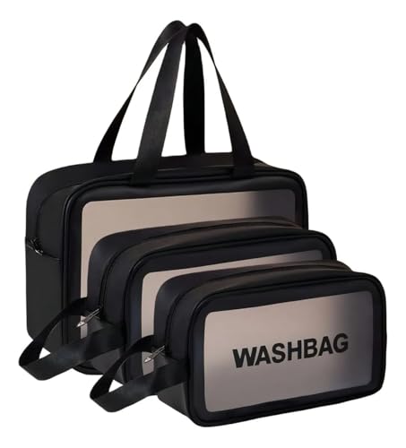 Kit 3 Necessaire Feminina Viagem Praia PVC Impermeável Zíper Grande Espaçosa Bolsa Organizadora Cosméticos Lavável Durável Prática Estilo Blogueira Luxo (Preto)