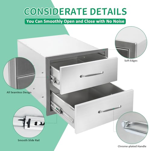 Image of Outdoor Kitchen Drawers 18 inch W x 15 inch H x 23 inch D Stainless Steel Double Drawers with Ergonomic Handle for BBQ Island, Patio Grill Station & Outdoor Kitchen Cabinets