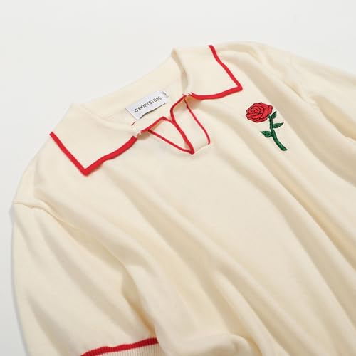 OXKNIT Men's Knit Vintage Polo Shirts Short-Sleeve Casual V Neck Shirt with Embroidered Rose for Sport Work3