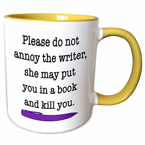 3dRose Please Do Not Annoy The Writer Purple 15oz Two-Tone Yellow Mug