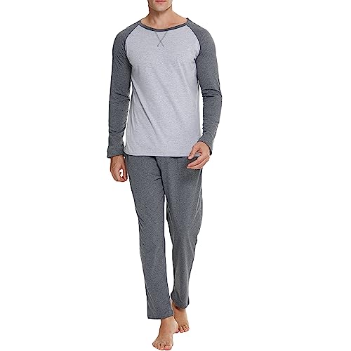 GAESHOW Schlafanzug Herren Lang Pyjama Baumwolle Zweiteiliger, Herren Pyjama Set, O-Ausschnitt Nachtwäsche, Langarm und Hose Zweiteiliger Loungewear für Herbst und Winter, S-XXL