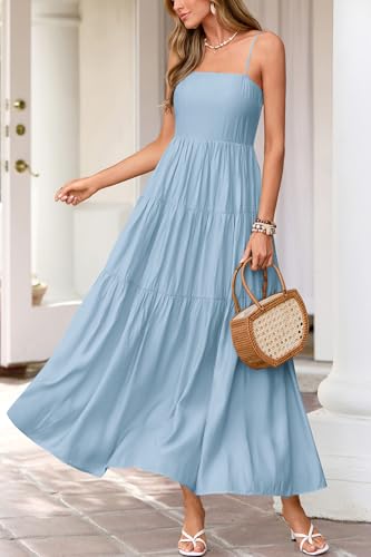 Okiwam Women's Summer Dress 2026 Casual Boho Sleeveless Spaghetti Strap Smocked Maxi Dress Ruffle Long Beach Sundresses-XL Blue — view 2