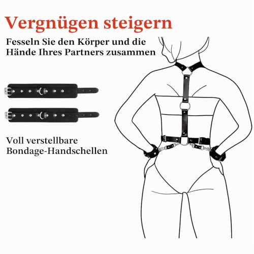 Leder Harness Damen Body mit Handschellen Punk Bondage Brust Geschirr Halsband für Frauen SM Bettfesseln Sexy Unterwäsche Dessous Handfesseln Handcuffs SexSpielzeug Bondage Set Fesselset für Frauen – Bild 2
