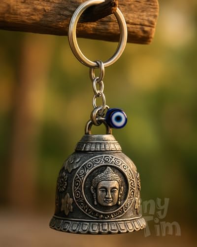 Image of Tiny Tim Guardian Bell with Evil Eye Charm - Protective Motorcycle & Car Accessory - Tibetan-Inspired Design - Wards Off Negative Energy - Ideal Gift for Bikers & Travelers