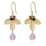 Pendientes Largos Dorados con Cuarzo Rosa y Turmalinas, Piedras Naturales para Mujer y Chica Joven, con Hojas, Chapado en Oro 18K, Hechos a Mano, Regalo Original en Caja