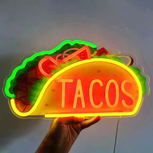 Image of Taco Neon Sign LED Light - UV Printing Light Up Sign for Business, Restaurant, Mexican Decor (15.8x8.7'', Orange, Yellow, and Green)