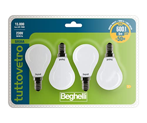 Beghelli - Lampadina LED E14 TUTTOVETRO Luce Calda, Sfera 5W, 600lm, 3000K, Vetro Opale, Efficiente, Facile Installazione, 15000 Ore, Gruppo Colore: Luce Calda, 4 pz