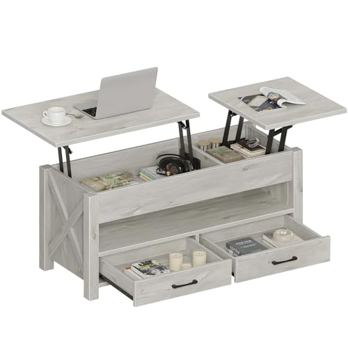 Seventable Coffee Table, 47.2" Lift Top Coffee Table with 2 Storage Drawers and Hidden Compartment, Retro Center Table with Wooden Lift Tabletop for Living Room, Gray