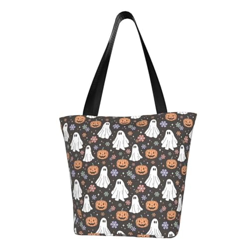 Halloween Ghost Pumpkin Head Flower Bags Shoulder Tote Bag Large Handbags for Women Suitable for Travel 13 Inches