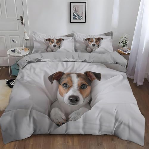 3D Jack Russell Terrier King Size Duvet Cover Sets Jack Russell Terrier Bedding Sets King Size Soft Breathable Microfibre Quilt Cover 220 x 230 with Zipper Closure and 2 Pillowcases B-2224