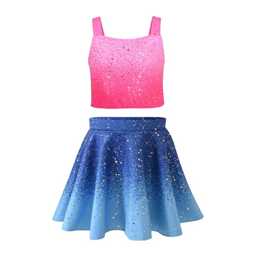 Image of Girls Sparkly 2 Pieces Outfit Kids Crop Top and Skirt Set Music Party Costume Birthday Gift