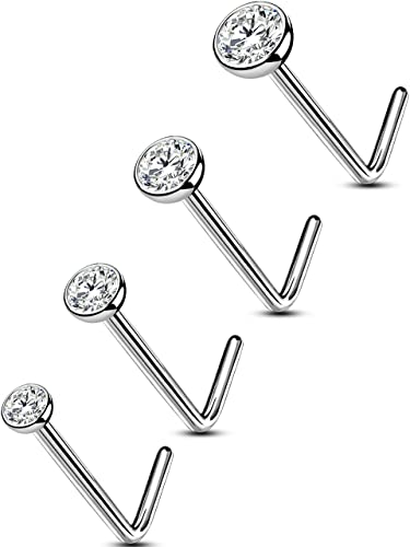 OUFER Body Piercing 4pcs Solid Titanium Nose Piercing 20G Nose Stud Bone Pin Nostril Rings L- Bend Nose Body Piercings Jewellery for Women Men