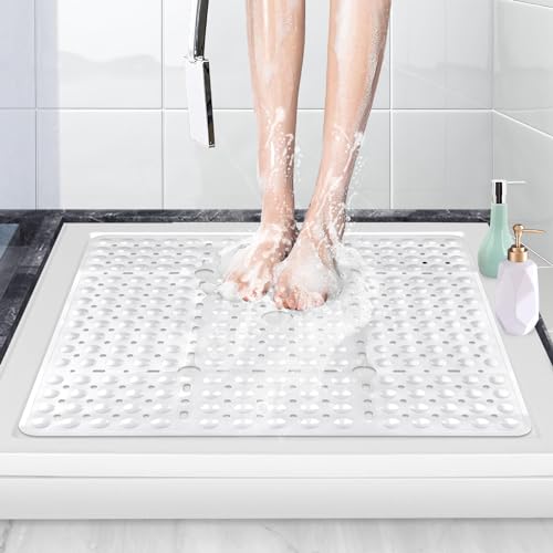 Square Shower Mat Non Slip 70x70 cm | Safety Bathtub Mat with Strong Suction Cups & Drain Holes, Anti Bacterial Rubber Bath Mats for for Inside Shower,Machine Washable (White)