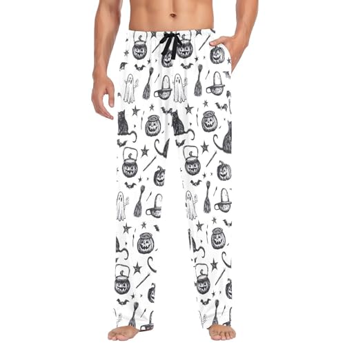Men's Halloween Cat Pajama Pants with Pockets - Straight Fit Cotton Sleep Bottoms for Lounge & Nightwear#97