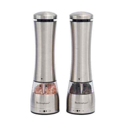 Buckingham Premium Electric Salt and Pepper Mills Set, Battery Operated with Adjustable Ceramic Grinders & One Touch Operation