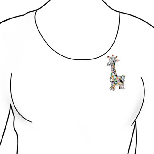 Giraffe Zoo Animal Brooch Pin For Women Cz Colorful Pave Cubic Zirconia Silver Tone Rhodium Plated #TOP3