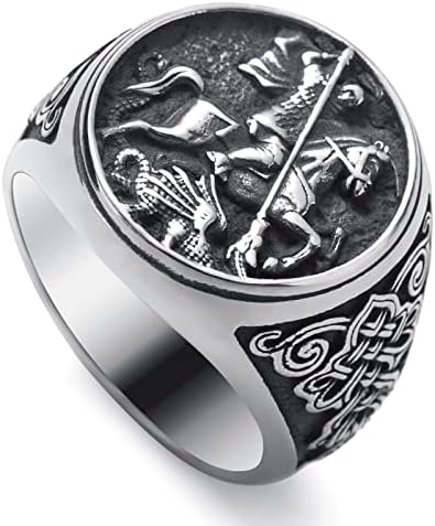St Christopher George Benedict Ring for Men Stainless Steel Relig...