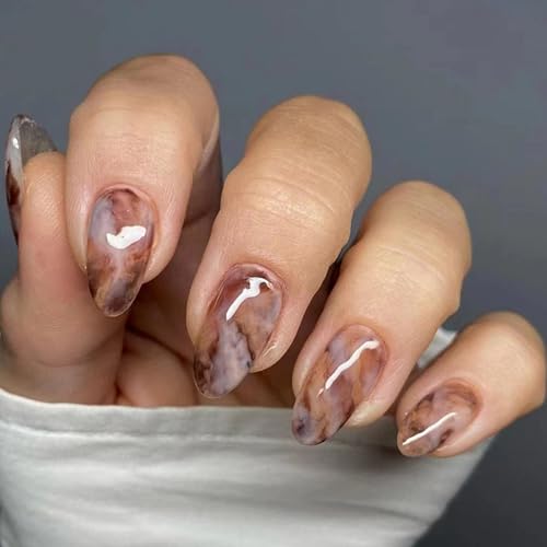 24 Piezas Almendra Uñas Postizas Gel Francesa, Ink Smudge Press on Nails, Medianas Adhesivas Uñas Falsas Naturales, 12 Tamaños Acrilico Uñas con Diseño para Mujeres y Niñas