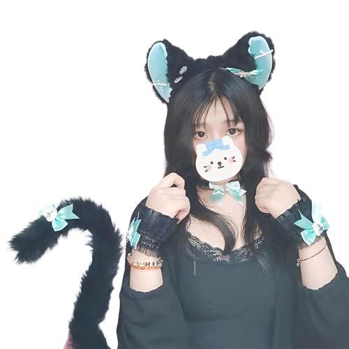 QUICOMP Cat Ears Tail Costume Cat Ear Headband Fox Ear Tail Cat Cosplay Props (Black Green) — view 3