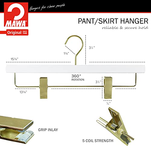 Mawa By Reston Lloyd, European Wooden Hanger, Beech Wood Hanger With Adjustable Pant Clips, Rotating Gold Hook, White Finish, For Pants, Shorts, & Skirt Clothes Hanger #TOP5