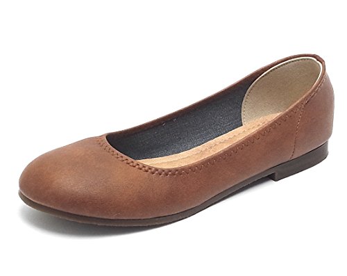 [O･G･A] ラウンドトゥ 柔らか ぺたんこパンプス フラットシューズ 日本製 レディース (ブラウン, M)