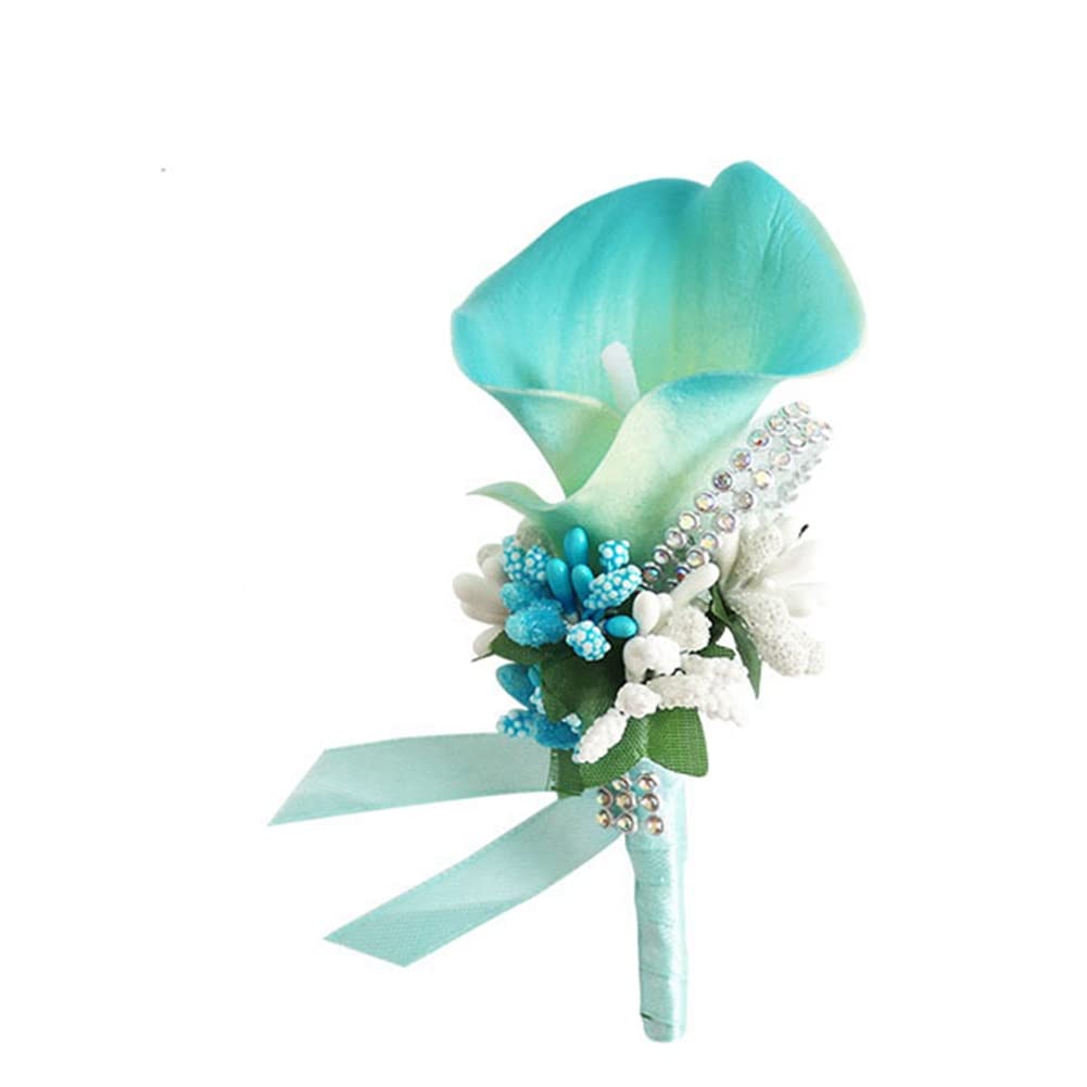 SHTGOI Calla Lily Boutonniere Ramo de flores artificiales, broche hecho a mano, con imperdible, flores, ramillete de boda, accesorio para novia, novio, azul cielo
