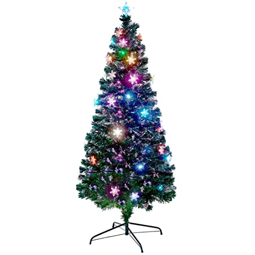 Juegoal 6 ft Pre-Lit Optical Fiber Christmas Artificial Tree, with LED RGB Color Changing Led Lights, Snowflakes and Top Star, Festive Party Holiday Fake Multicolored Xmas Tree with Durable Metal Legs