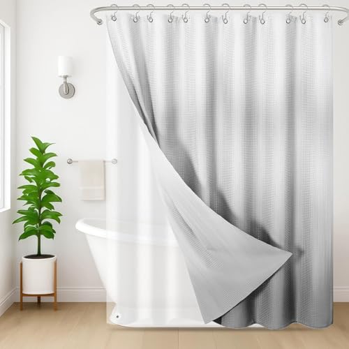 Nesphy Shower Curtain and Liner, Abstract Grey 3 in 1 Shower Curtain and PEVA Liner Set with 12 Rust-Resistant Metal Hooks, Waterproof Fabric Shower Curtains for Bathroom, 72 W x 72 H