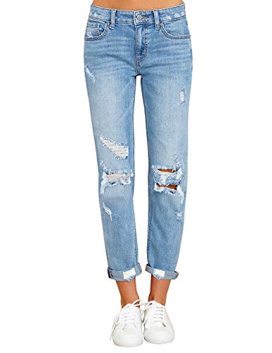 Women's Light Blue High Rise Destroyed Girlfriend Tapered Cropped Jeans Washed Distressed Ripped Broken Holes Casual Denim Pants Size Medium