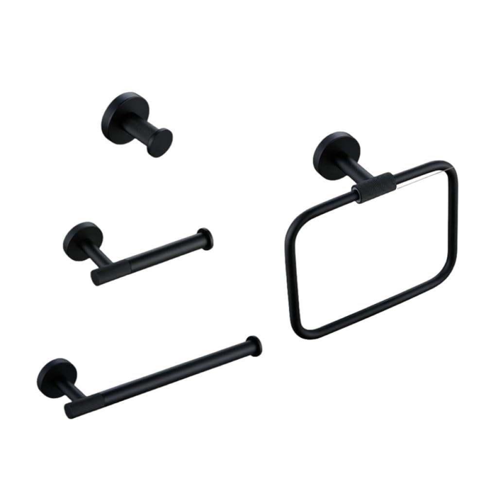 Moderno juego de accesorios de baño negro mate con barra de toalla, gancho para bata de baño, herrajes moleteados de latón y estante, ideal para toallas, pañuelos de papel, actualización elegante y
