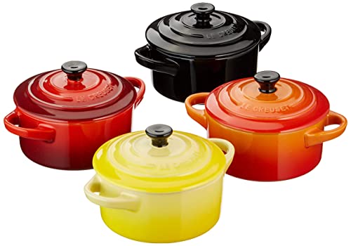 Le Creuset Set de 4 mini cocottes de cerámica de gres, 250 ml, ⌀ 10 cm, Cereza y volcánico,...