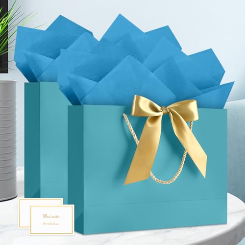 Image of JMANNI Gift Bags with Handles, 13 inch Medium Gift Bag for Presents, 1 Pcs Bags with 2 Tissue Paper and 1 Cards for Baby Shower Wedding Bridal Shower Mother's Day Birthday Party (Bule