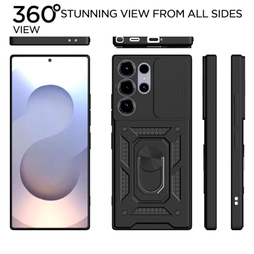 Image of Pikkme Back Cover for Samsung Galaxy S25 Ultra 5G | 360 Protection Case | Sliding Camera Shield Cover & Ring Holder Stand D10 Tough Armor Bumper Case (Black)