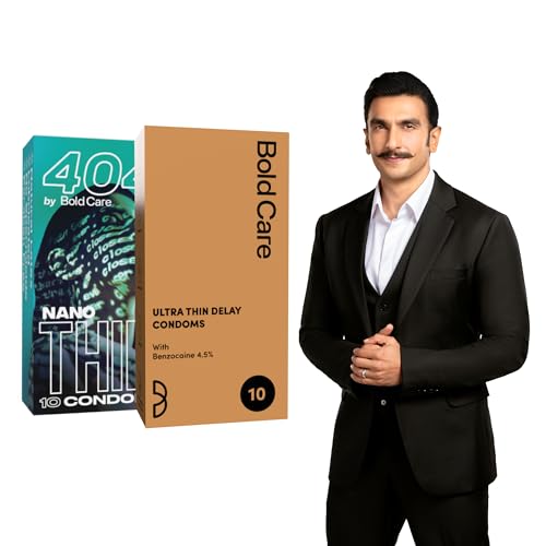 Image of Bold Care Ultra Thin Long Last Condoms - Lubricated, Natural Latex - Pack of 10 + Bold Care 404 Super Nano Thin Condoms For Men - 50 Microns, Intense Fit with a Barely There Feel - Pack of 10 - Combo