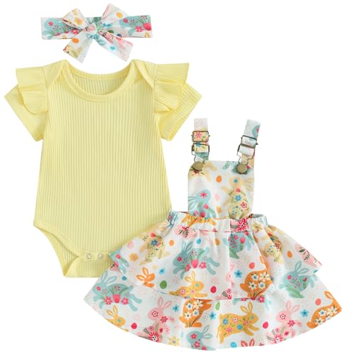 Image of Mubineo Baby Girl Summer Clothes Cute Outfits Short Sleeve Romper Overall Skirt Dress Headband 3PCS Newborn Outfit