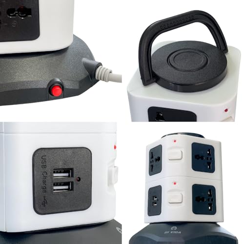 Torre de Tomada Elétrica com 7 Entradas Universais, 2 Portas USB, Bivolt, Cabo de 1,8m Padrão Brasil