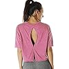 icyzone T-shirt curta de costas aberta de manga curta folgada t-shirt de fitness para mulher, rosa, G